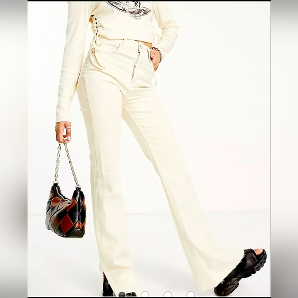 Denim&Co Denim - Denim & Co Women's Stretch Cotton Jeans Flare Leg Side Slits Cream US 4